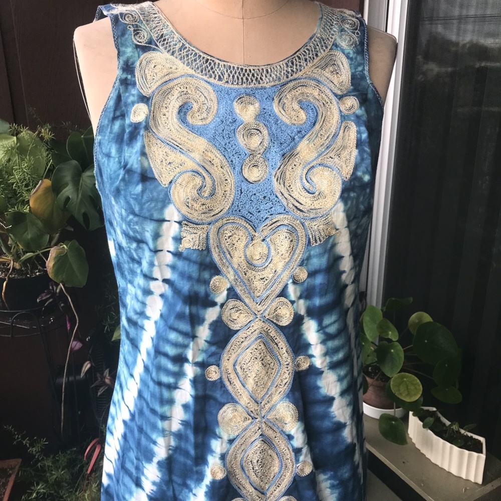 Indigo Shibori Tie Dye Dress Gown 6 8 M Vintage - Picture 2 of 7